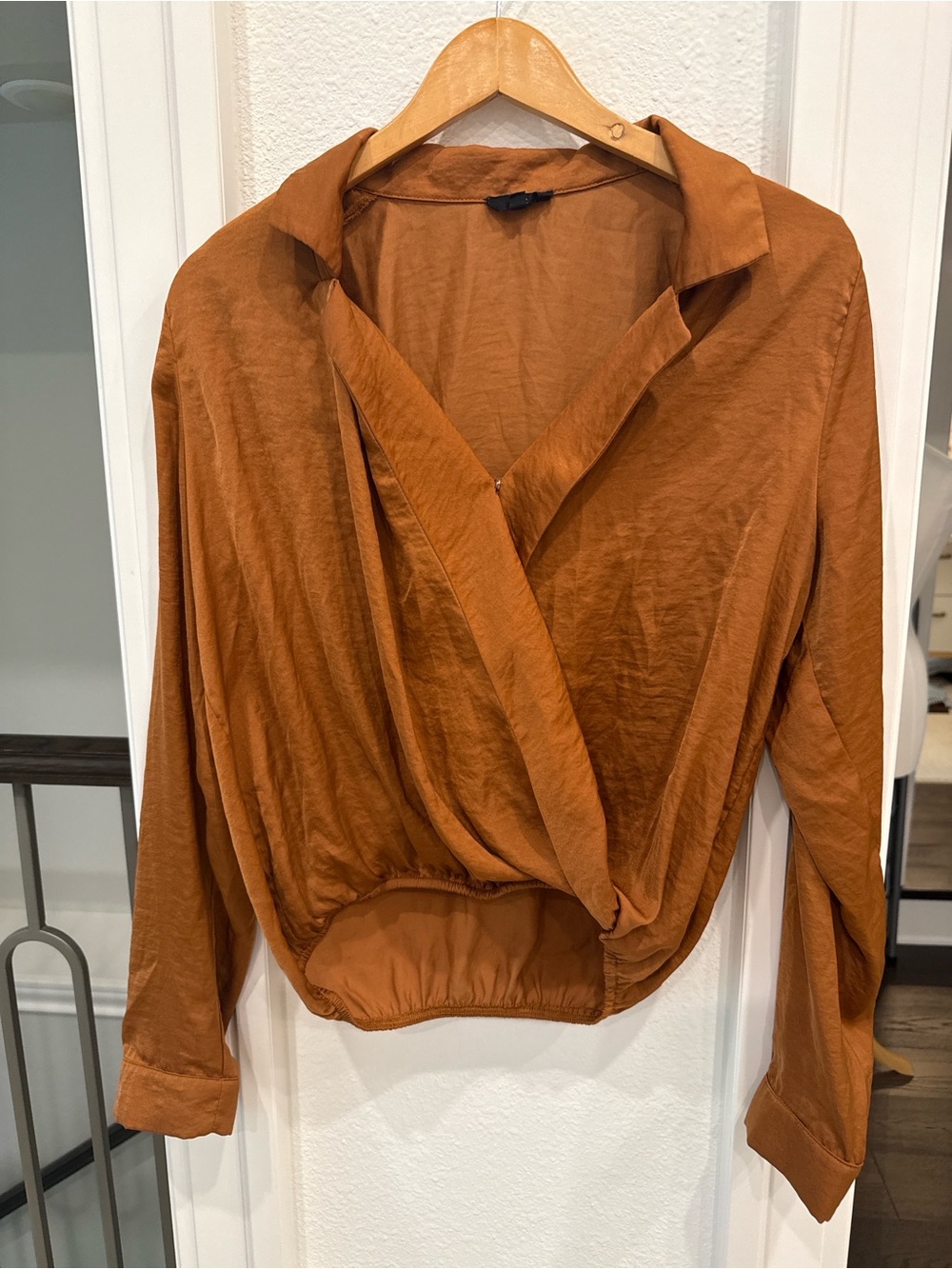 LUCCA Satin Wrap Blouse Cinnamon Brown Long Sleeve Top Medium